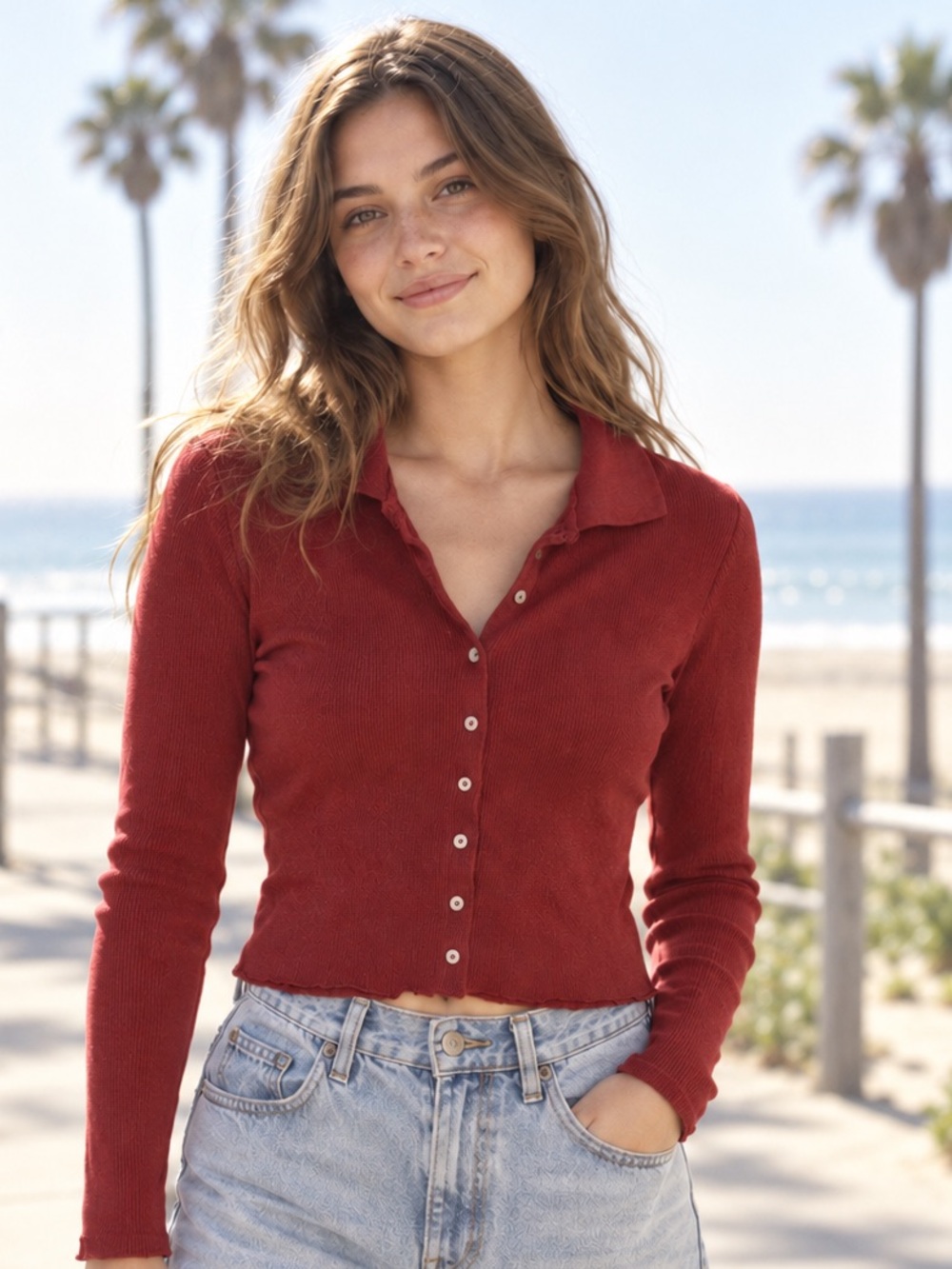 Brandy Melville Red Ribbed Polo Collared Cardigan Crop Top OS